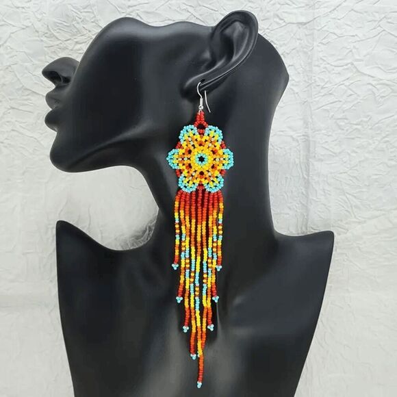 Boho Multicolor Beaded Flower Dangle Earrings - Picture 1 of 6